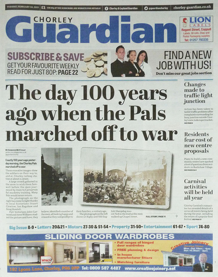 Front page of the Chorley Guardian, 24th February 2015