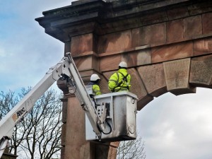 The survey being carried out on the Memorial Arch at Astley Park