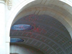 Poppy petals being released at the Menin Gate on Remembrance Day 2010